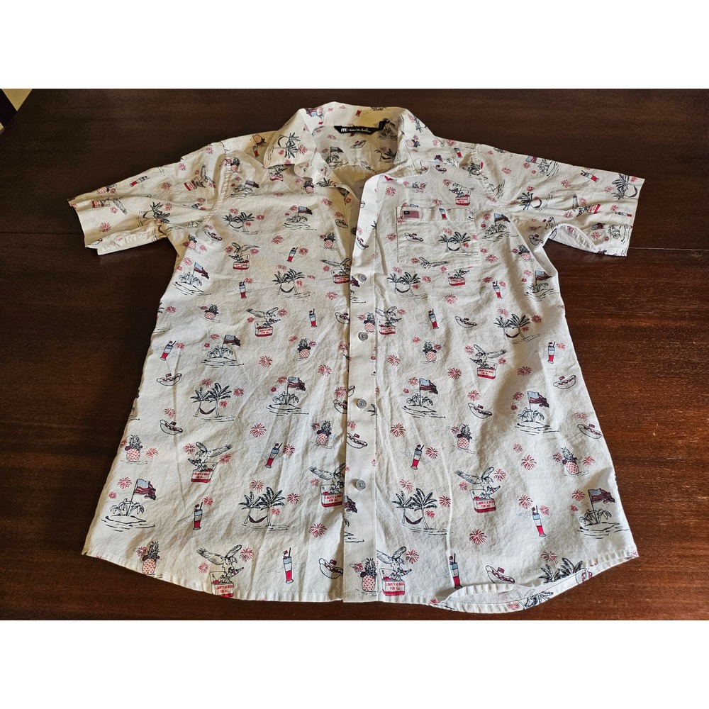 TravisMathew Button Down Shirt Mens M White Patriotic Eagle Hot Dog Print